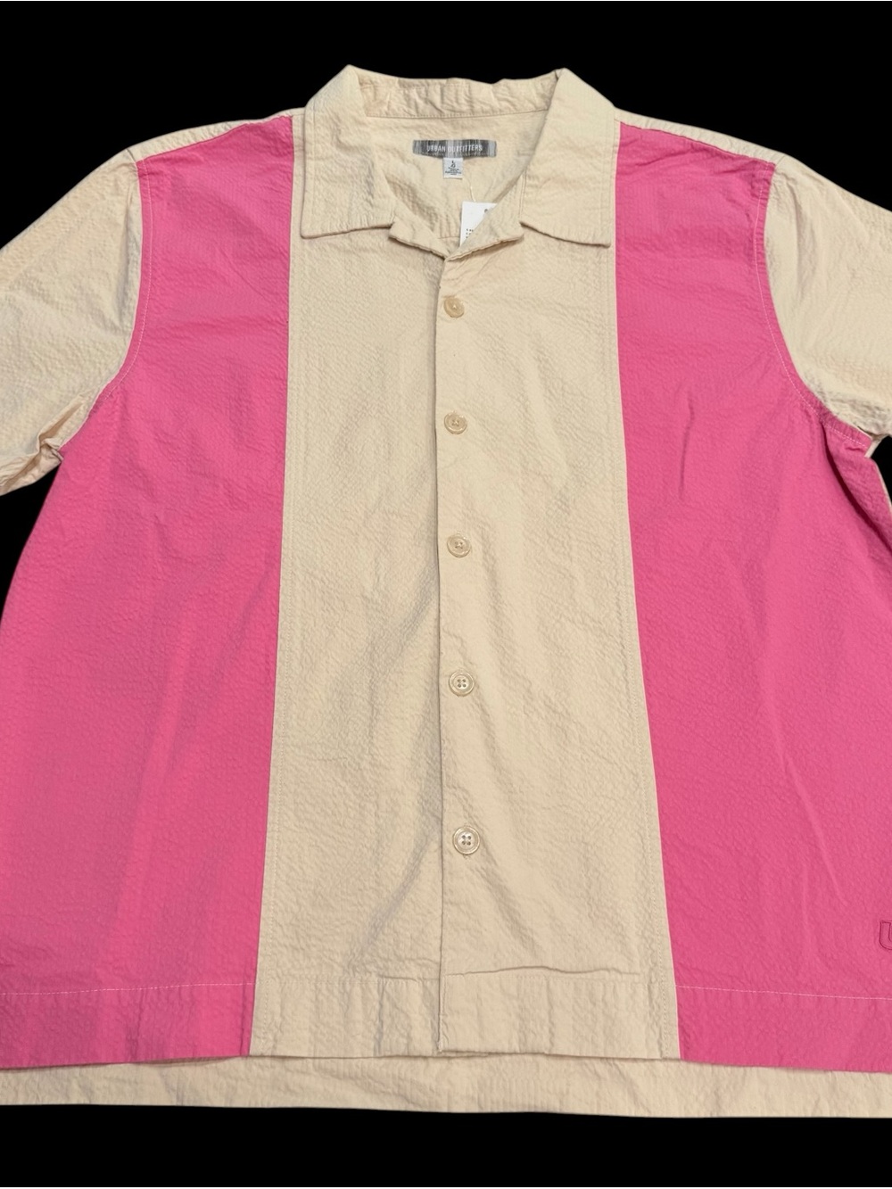 Urban Outfitters Seersucker Bowling Shirt Mens L Pink Camp Bowling Button Up New